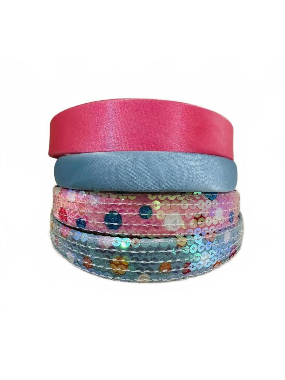 Set of 4 Colorful Satin and Sequin Headbands in Pink and Blue